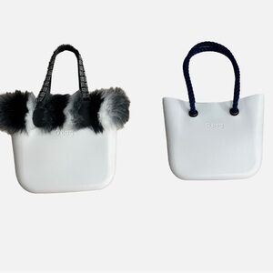 O bag Tote Bag Two Ways White Black Blue Canvas Faux Fur Trim Italy Rubber Beach